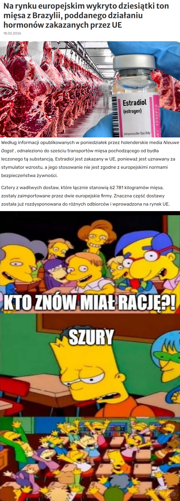 Okazało się, że partia wołowiny z Brazylii zawierała hormon wzrostu, Komisja Europejska zaostrza kontrole
