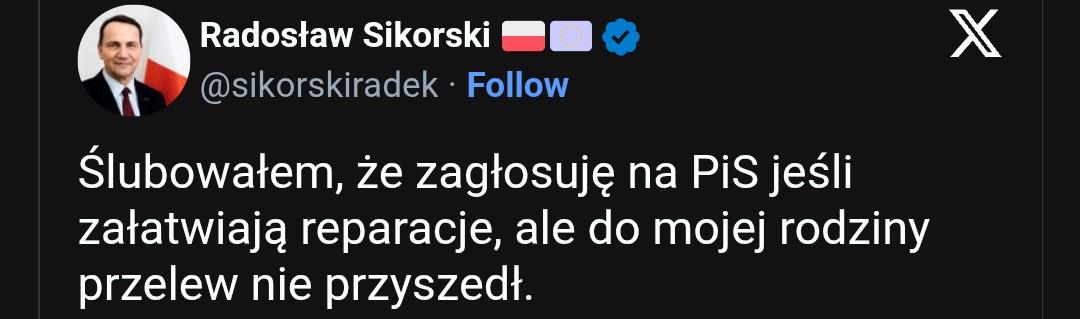 Sikorski zadeklarował, że jeśli prezydent Nawrocki ogarnie reparacje od Niemiec, to zagłosuje na niego w następnych wyborach